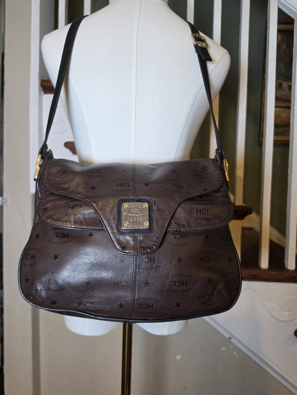 Vintage Womens HCL 90's Boho Shoulder Bag with Gold Tone Logo Plaque